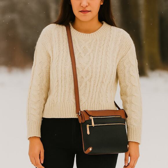 Perlina Women's Pebbled Leather Color Blocked Crossbody Purse Gold Hardware - Picture 1 of 7